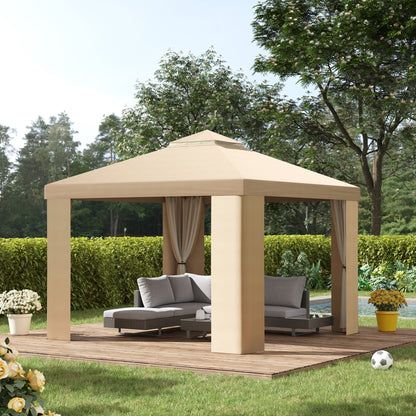 3x3m Khaki Garden Gazebo with Mosquito Netting and 2-Level Polyester Roof