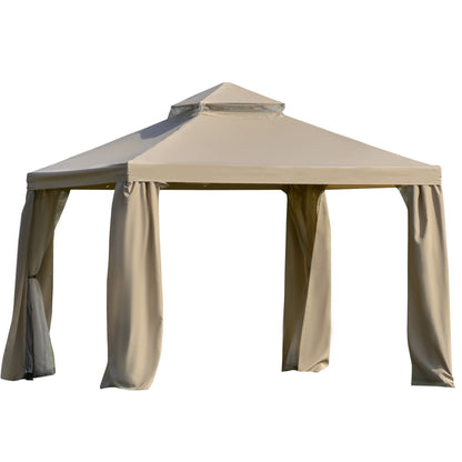 3x3m Khaki Garden Gazebo with Mosquito Netting and 2-Level Polyester Roof