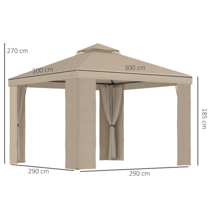 3x3m Khaki Garden Gazebo with Mosquito Netting and 2-Level Polyester Roof