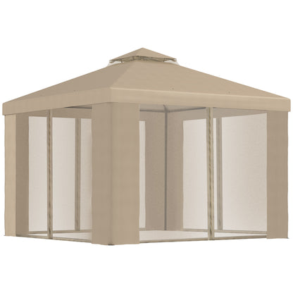 3x3m Khaki Garden Gazebo with Mosquito Netting and 2-Level Polyester Roof