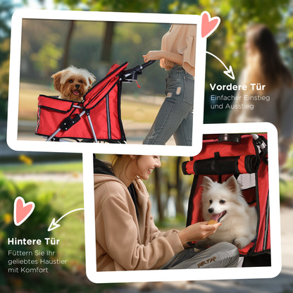 Dog Stroller, Foldable Pet Stroller for Small Dogs and Miniature Dogs, Cat Stroller with Storage Basket, Cup Holder, Mesh Windows, Pet Wagon Oxford, Red