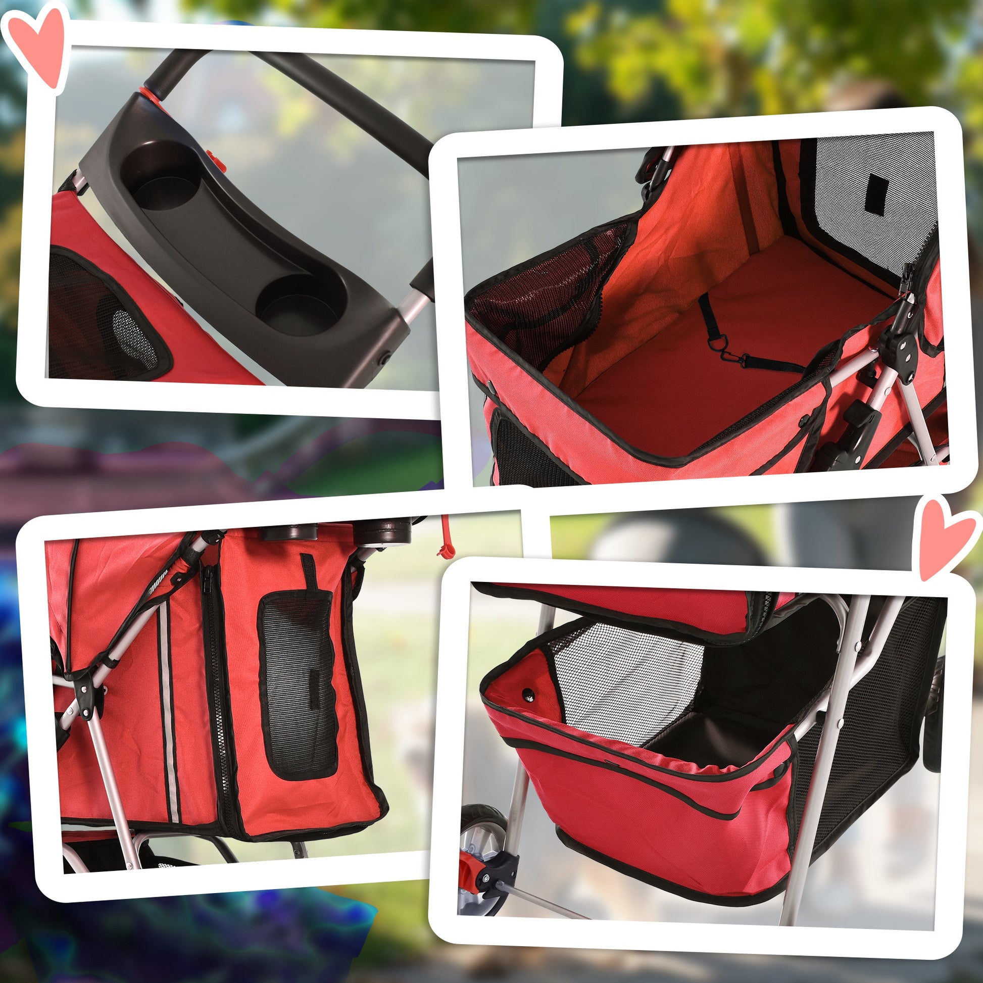 Dog Stroller, Foldable Pet Stroller for Small Dogs and Miniature Dogs, Cat Stroller with Storage Basket, Cup Holder, Mesh Windows, Pet Wagon Oxford, Red