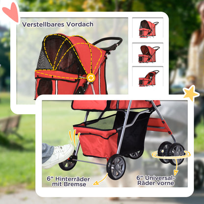 Dog Stroller, Foldable Pet Stroller for Small Dogs and Miniature Dogs, Cat Stroller with Storage Basket, Cup Holder, Mesh Windows, Pet Wagon Oxford, Red