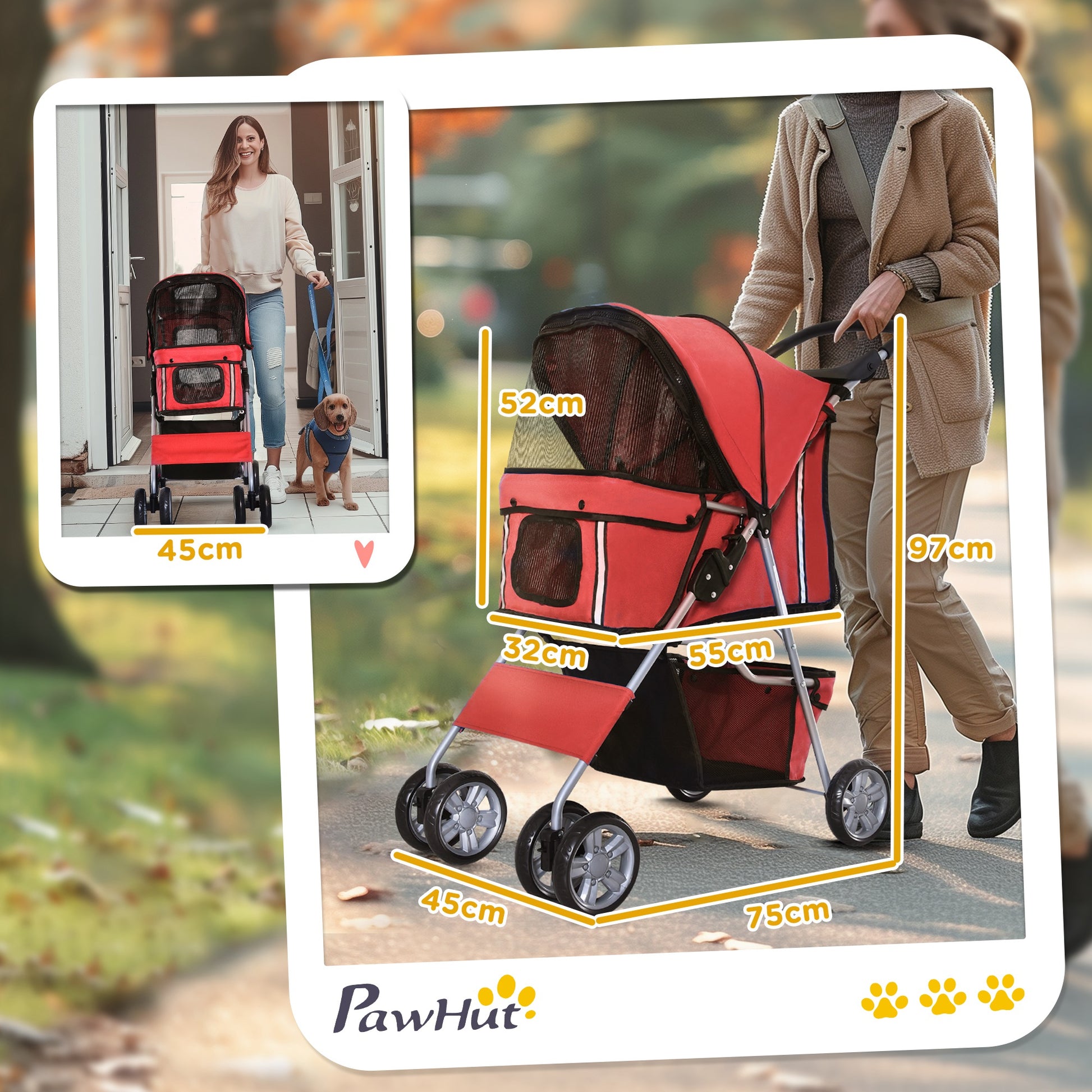 Dog Stroller, Foldable Pet Stroller for Small Dogs and Miniature Dogs, Cat Stroller with Storage Basket, Cup Holder, Mesh Windows, Pet Wagon Oxford, Red