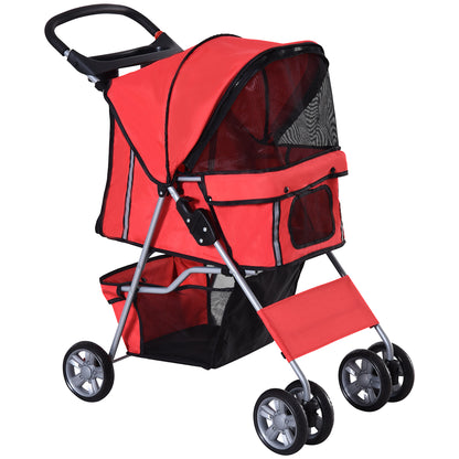Dog Stroller, Foldable Pet Stroller for Small Dogs and Miniature Dogs, Cat Stroller with Storage Basket, Cup Holder, Mesh Windows, Pet Wagon Oxford, Red