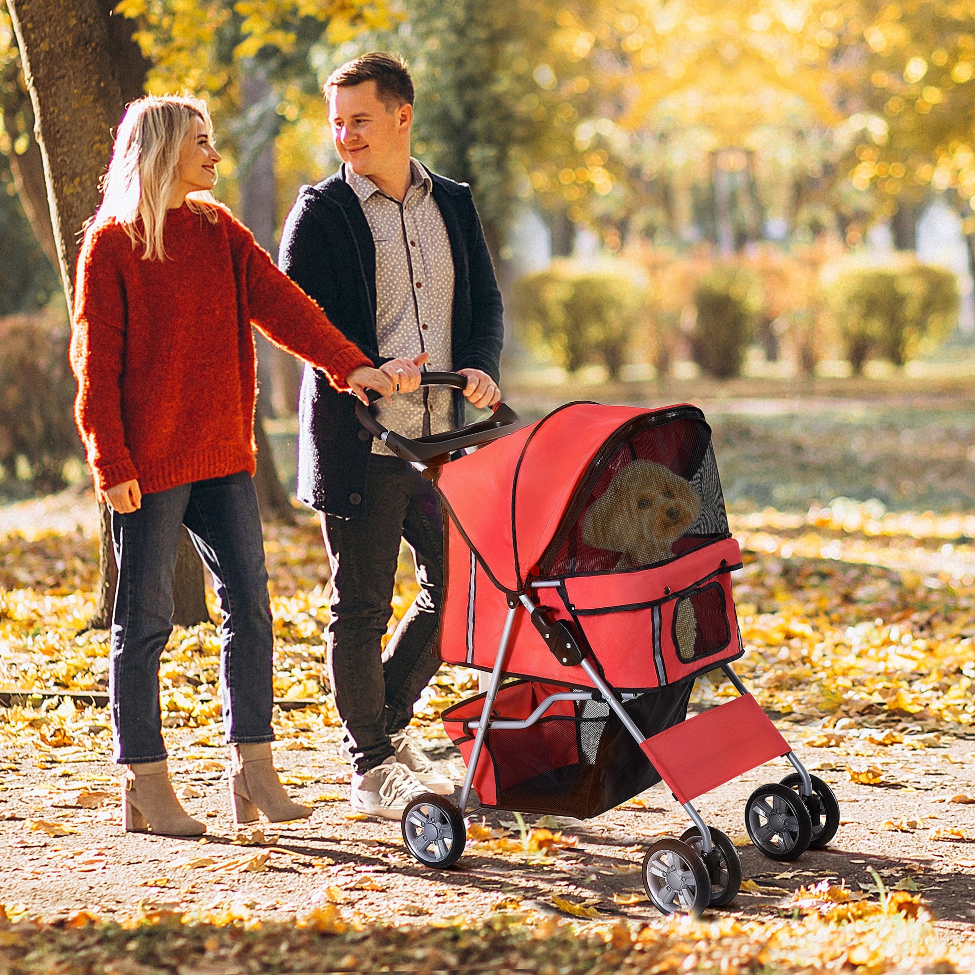 Dog Stroller, Foldable Pet Stroller for Small Dogs and Miniature Dogs, Cat Stroller with Storage Basket, Cup Holder, Mesh Windows, Pet Wagon Oxford, Red