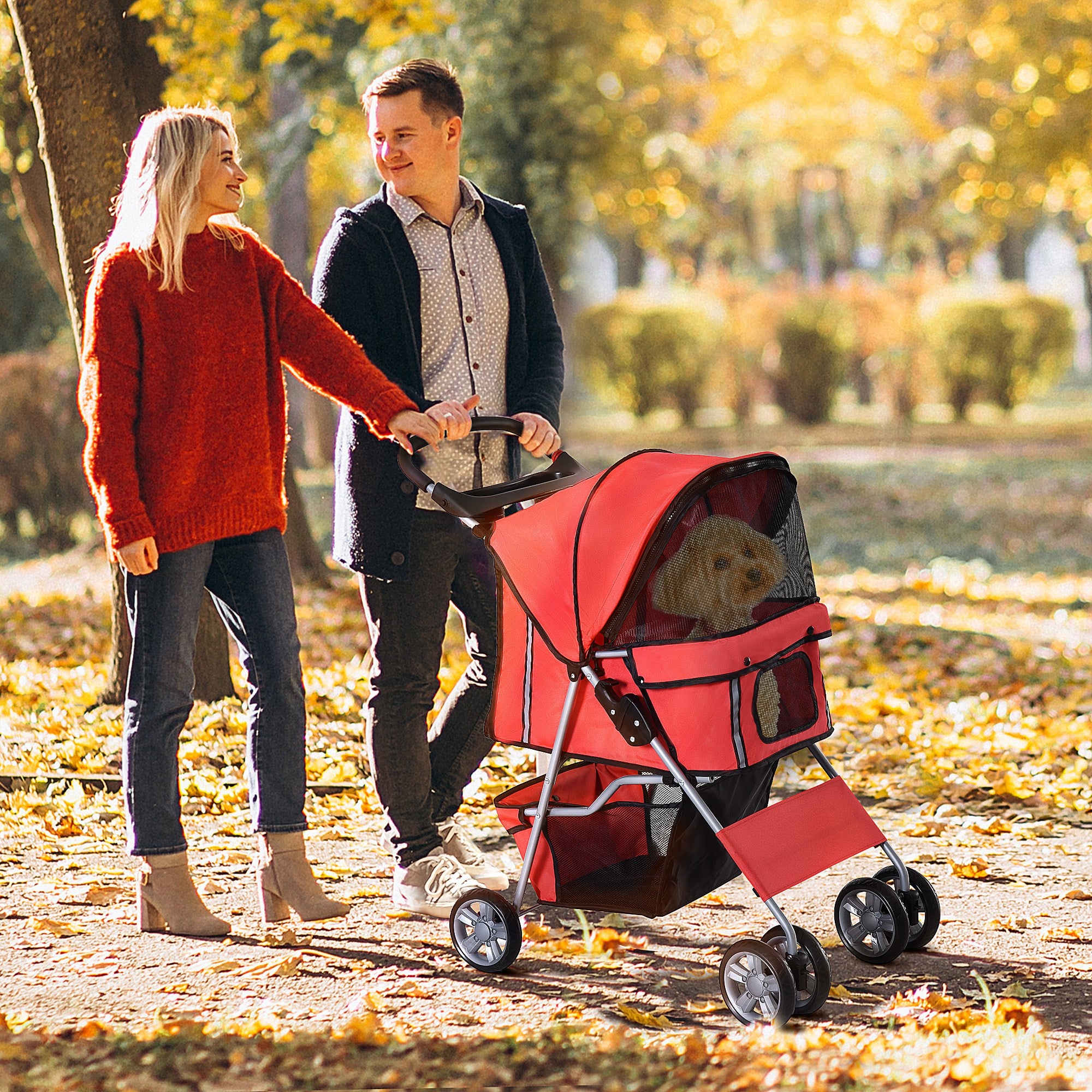 Dog Stroller, Foldable Pet Stroller for Small Dogs and Miniature Dogs, Cat Stroller with Storage Basket, Cup Holder, Mesh Windows, Pet Wagon Oxford, Red