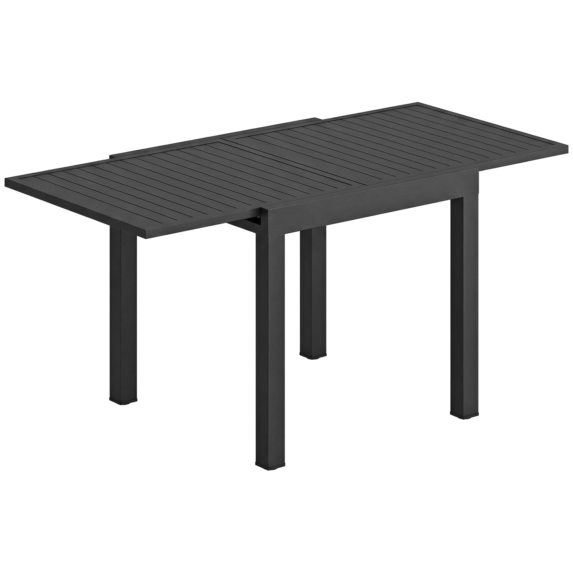 Extendable Outdoor Dining Table for 4–6, 31.5/63 x 31.5 in (80/160 x 80 cm) — Black Powder-Coated Aluminum Slatted Top
