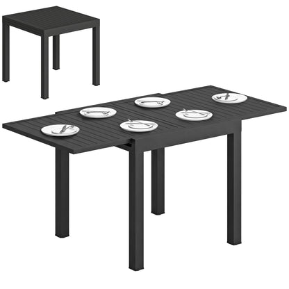 Extendable Outdoor Dining Table for 4–6, 31.5/63 x 31.5 in (80/160 x 80 cm) — Black Powder-Coated Aluminum Slatted Top