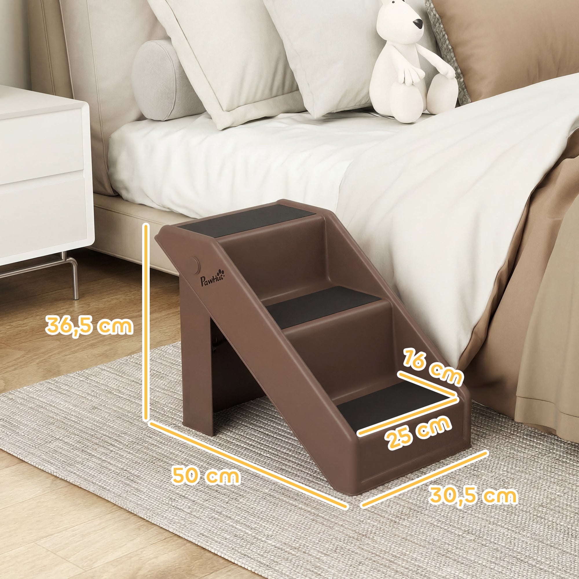 3-Step Foldable Pet Stairs, 14.4" High – Entry Ramp for Small Dogs & Cats, Brown