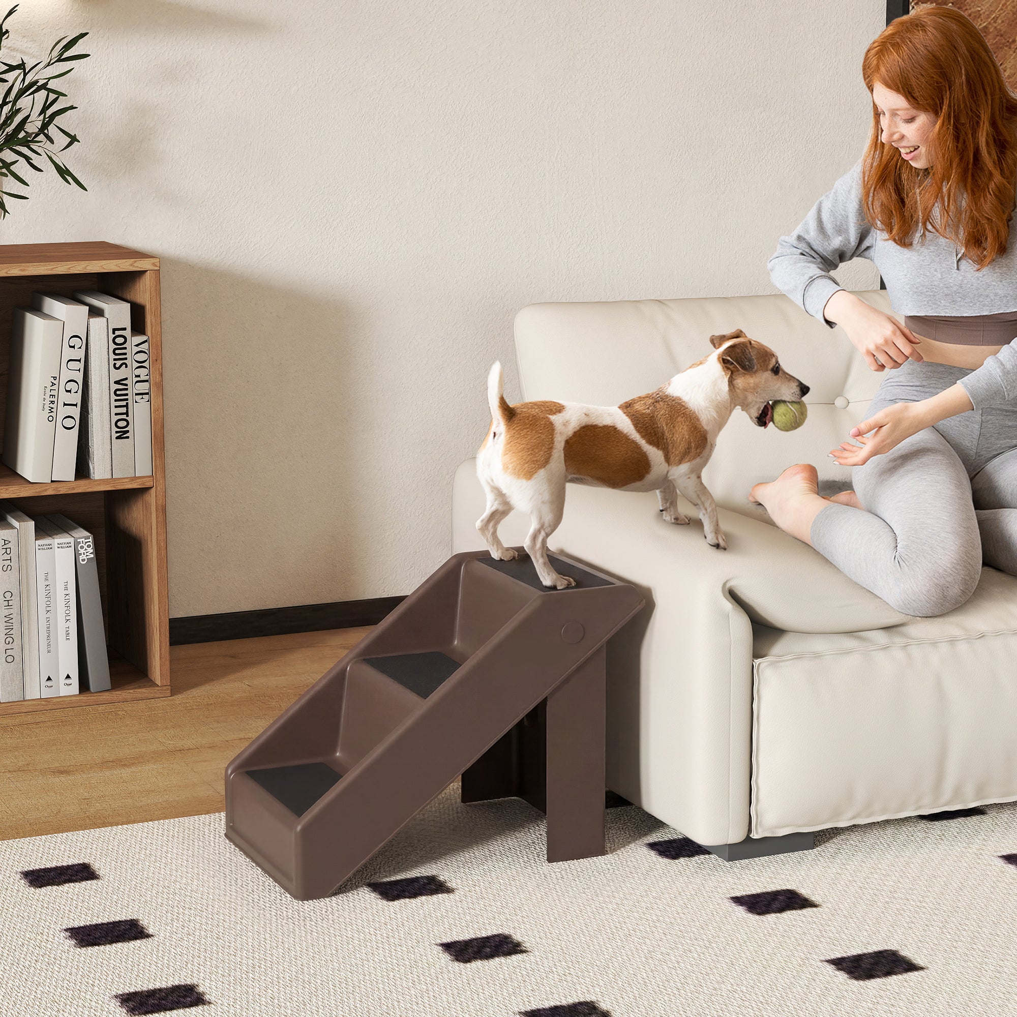 3-Step Foldable Pet Stairs, 14.4" High – Entry Ramp for Small Dogs & Cats, Brown