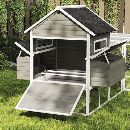 Large Outdoor Wooden Chicken Coop with 2 Nesting Boxes, Run, Asphalt Roof, Removable Tray & Ramp — Raised House for 8–10 Hens or Rabbits, 347 x 160 x 150 cm (136.6 x 63.0 x 59.1 in), Dark Gray