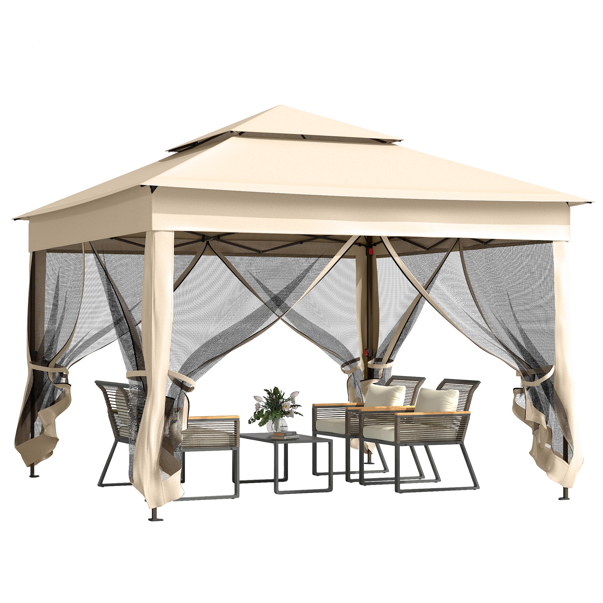 Folding Gazebo 3.3x3.3m Foldable Canopy with 4 Anti-UV Mesh Sidewalls and Carry Bag for Camping Parties Cream