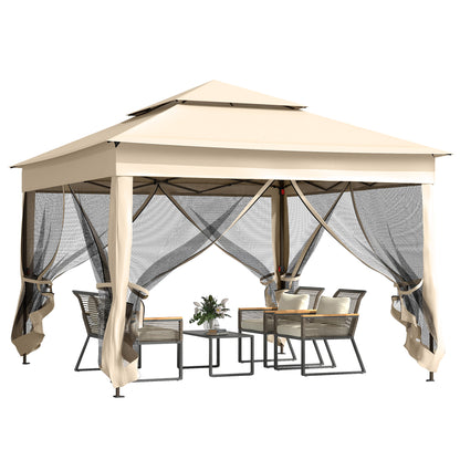 Folding Gazebo 3.3x3.3m Foldable Canopy with 4 Anti-UV Mesh Sidewalls and Carry Bag for Camping Parties Cream