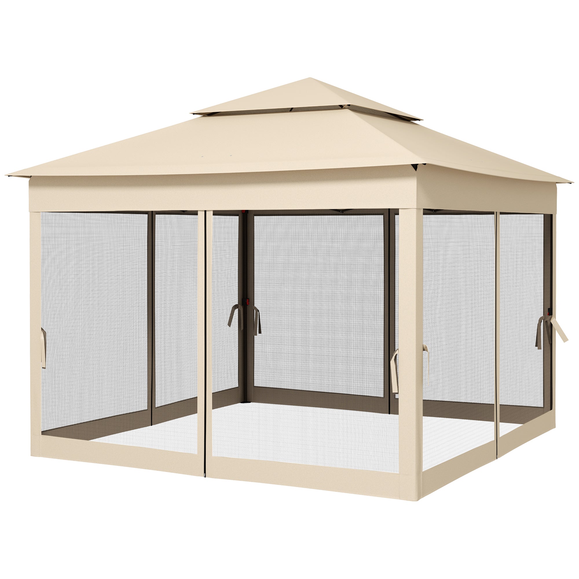 Folding Gazebo 3.3x3.3m Foldable Canopy with 4 Anti-UV Mesh Sidewalls and Carry Bag for Camping Parties Cream
