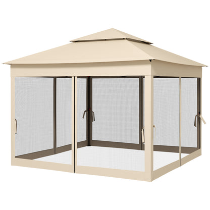 Folding Gazebo 3.3x3.3m Foldable Canopy with 4 Anti-UV Mesh Sidewalls and Carry Bag for Camping Parties Cream