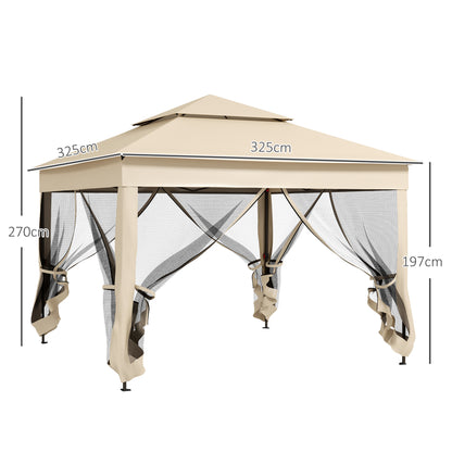 Folding Gazebo 3.3x3.3m Foldable Canopy with 4 Anti-UV Mesh Sidewalls and Carry Bag for Camping Parties Cream