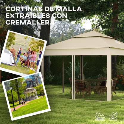 Folding Gazebo 3.3x3.3m Foldable Canopy with 4 Anti-UV Mesh Sidewalls and Carry Bag for Camping Parties Cream