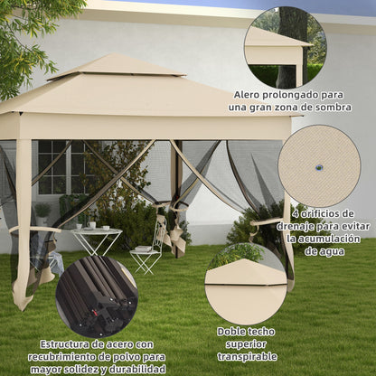 Folding Gazebo 3.3x3.3m Foldable Canopy with 4 Anti-UV Mesh Sidewalls and Carry Bag for Camping Parties Cream