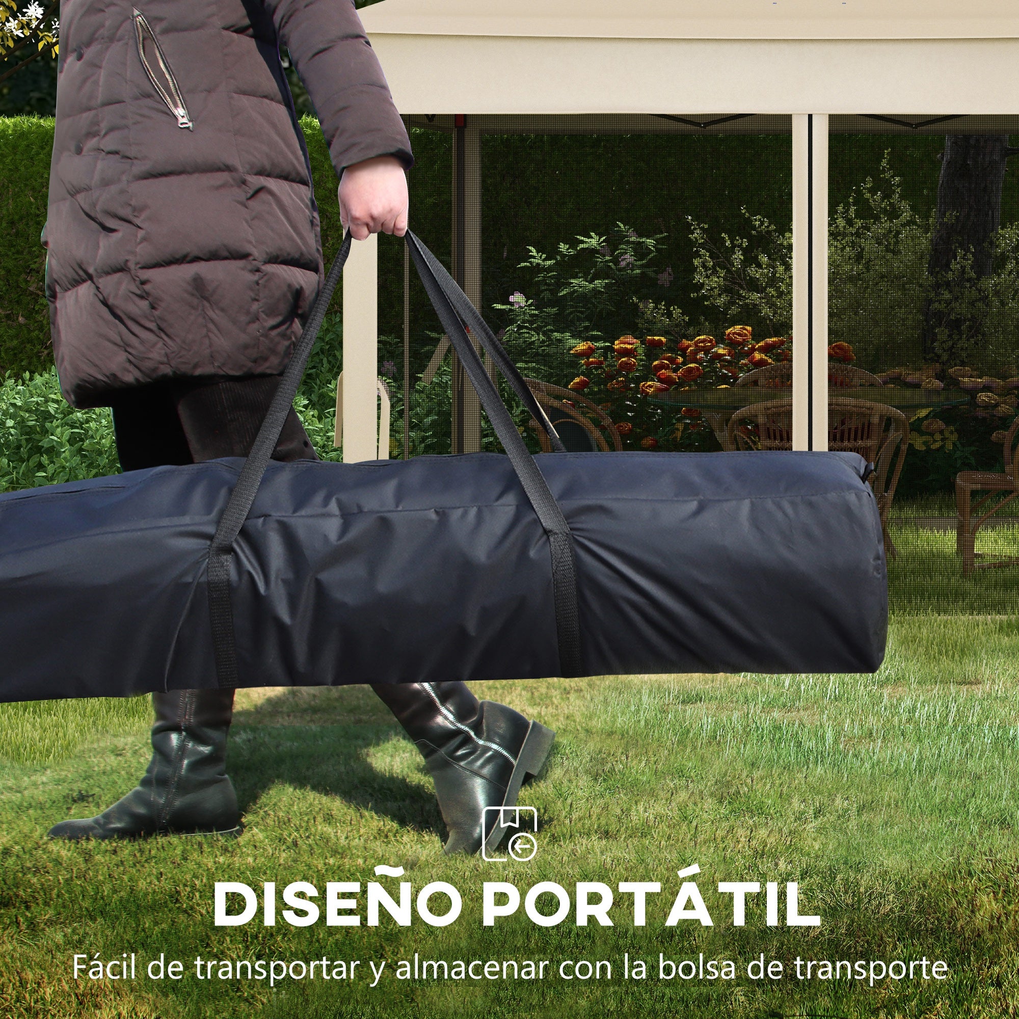Folding Gazebo 3.3x3.3m Foldable Canopy with 4 Anti-UV Mesh Sidewalls and Carry Bag for Camping Parties Cream