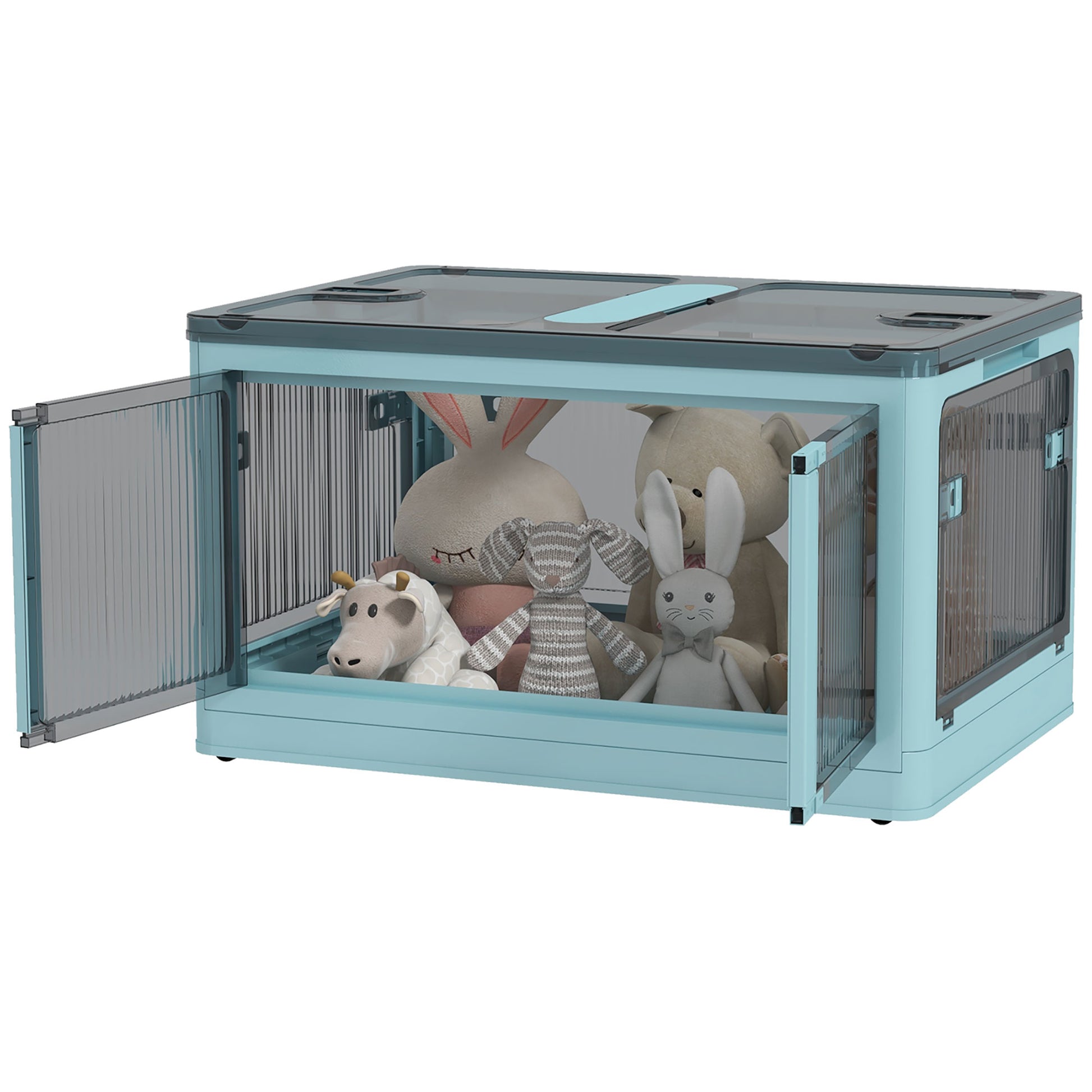 Stackable Storage Box with Lid 69L Folding Organizer Box with Wheels Plastic Container with 5-Sided Access 60x42x34 cm Blue