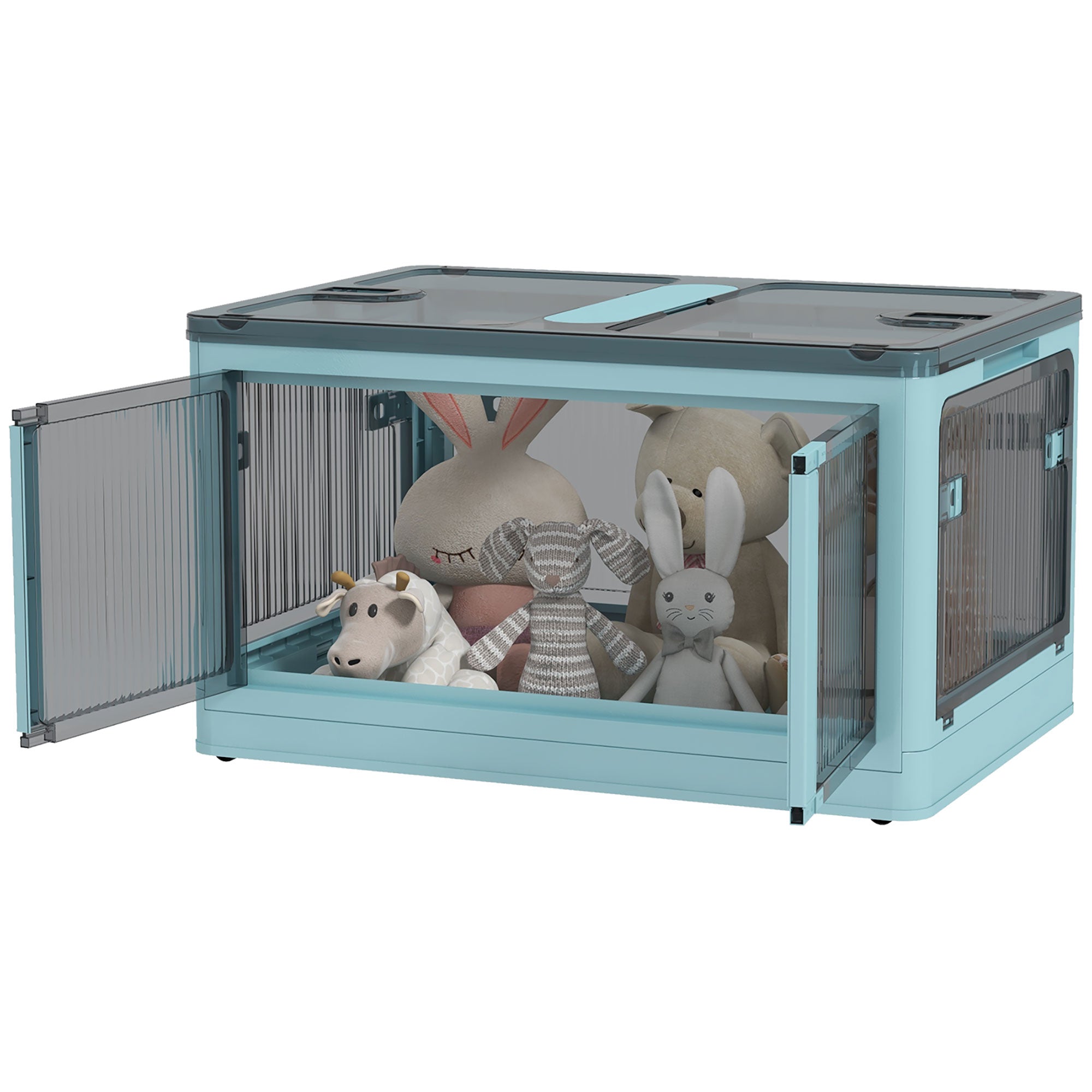 Stackable Storage Box with Lid 69L Folding Organizer Box with Wheels Plastic Container with 5-Sided Access 60x42x34 cm Blue