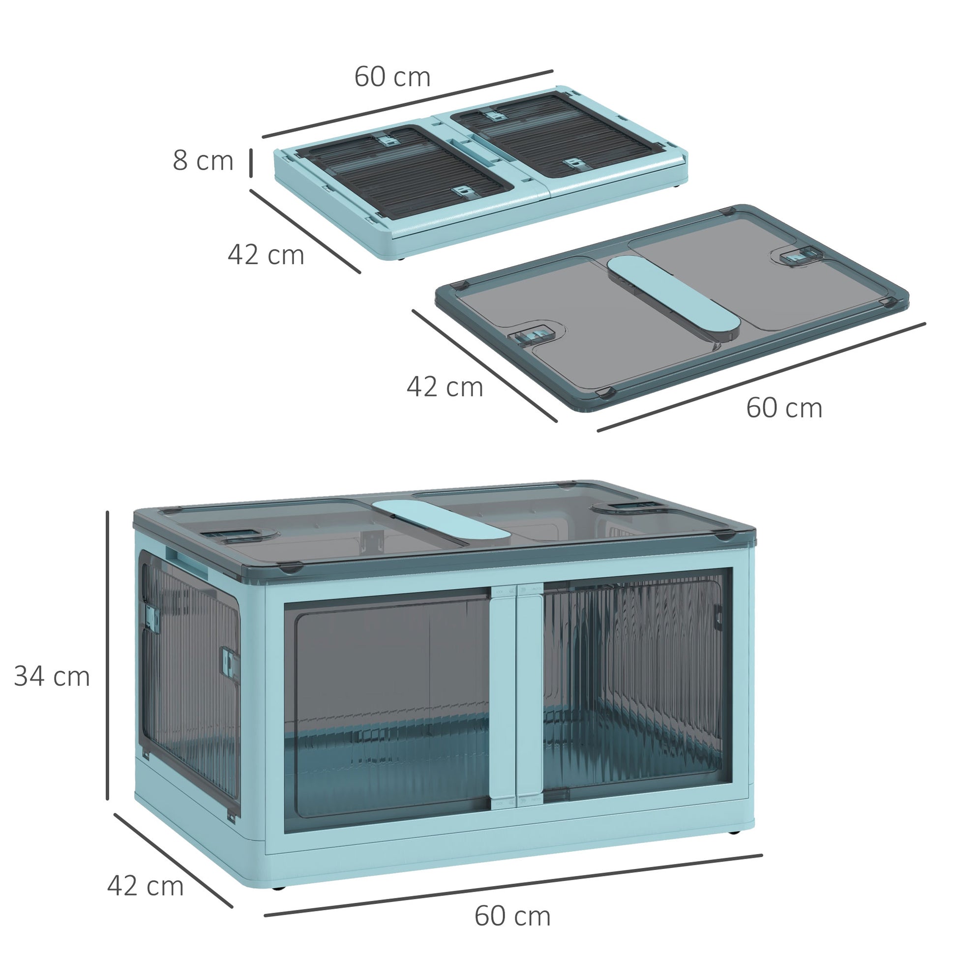 Stackable Storage Box with Lid 69L Folding Organizer Box with Wheels Plastic Container with 5-Sided Access 60x42x34 cm Blue