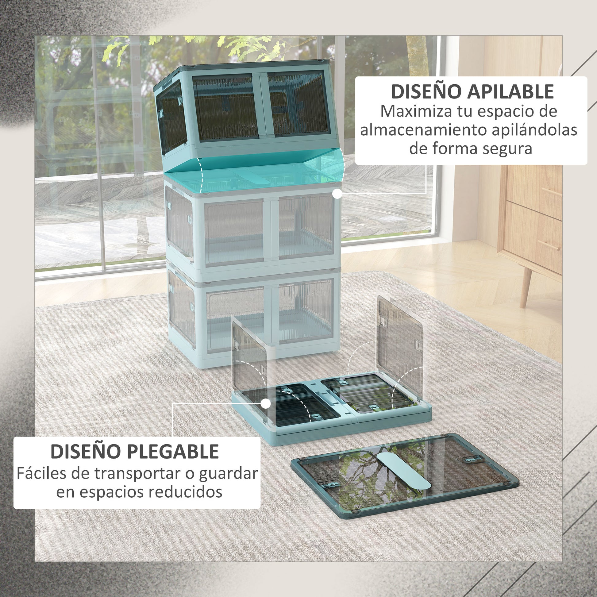 Stackable Storage Box with Lid 69L Folding Organizer Box with Wheels Plastic Container with 5-Sided Access 60x42x34 cm Blue