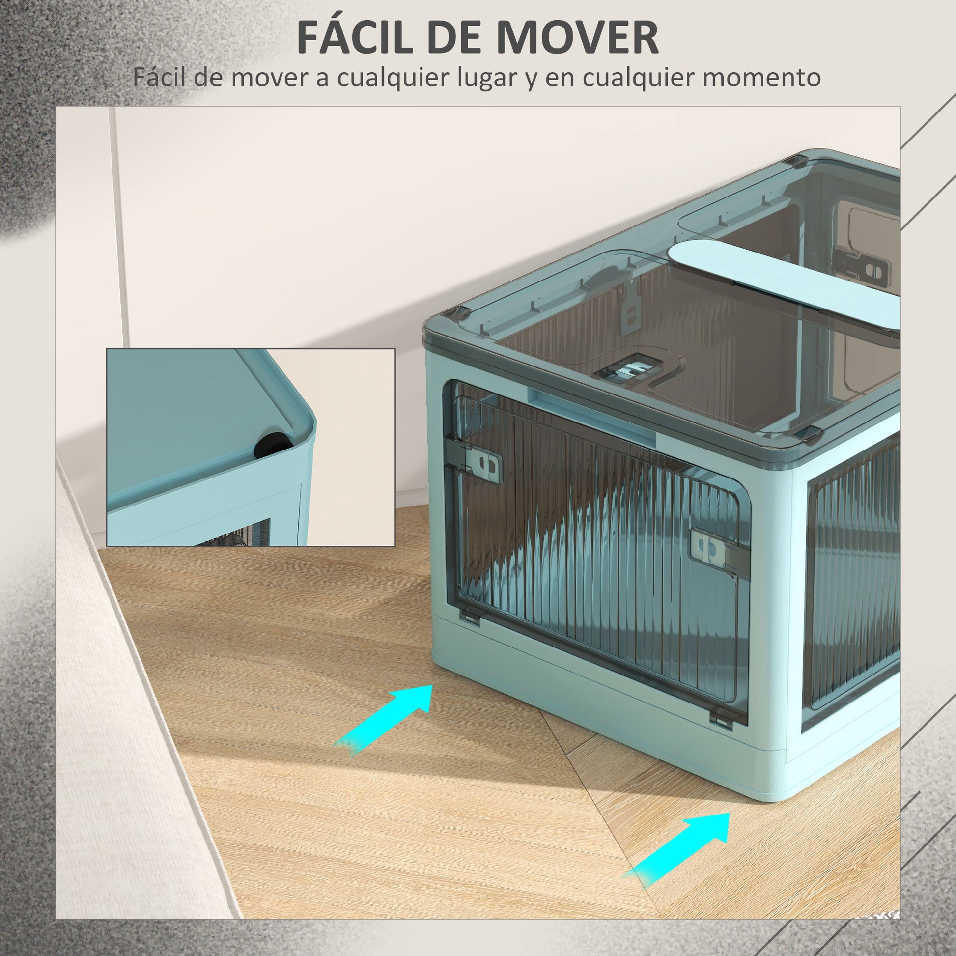 Stackable Storage Box with Lid 69L Folding Organizer Box with Wheels Plastic Container with 5-Sided Access 60x42x34 cm Blue