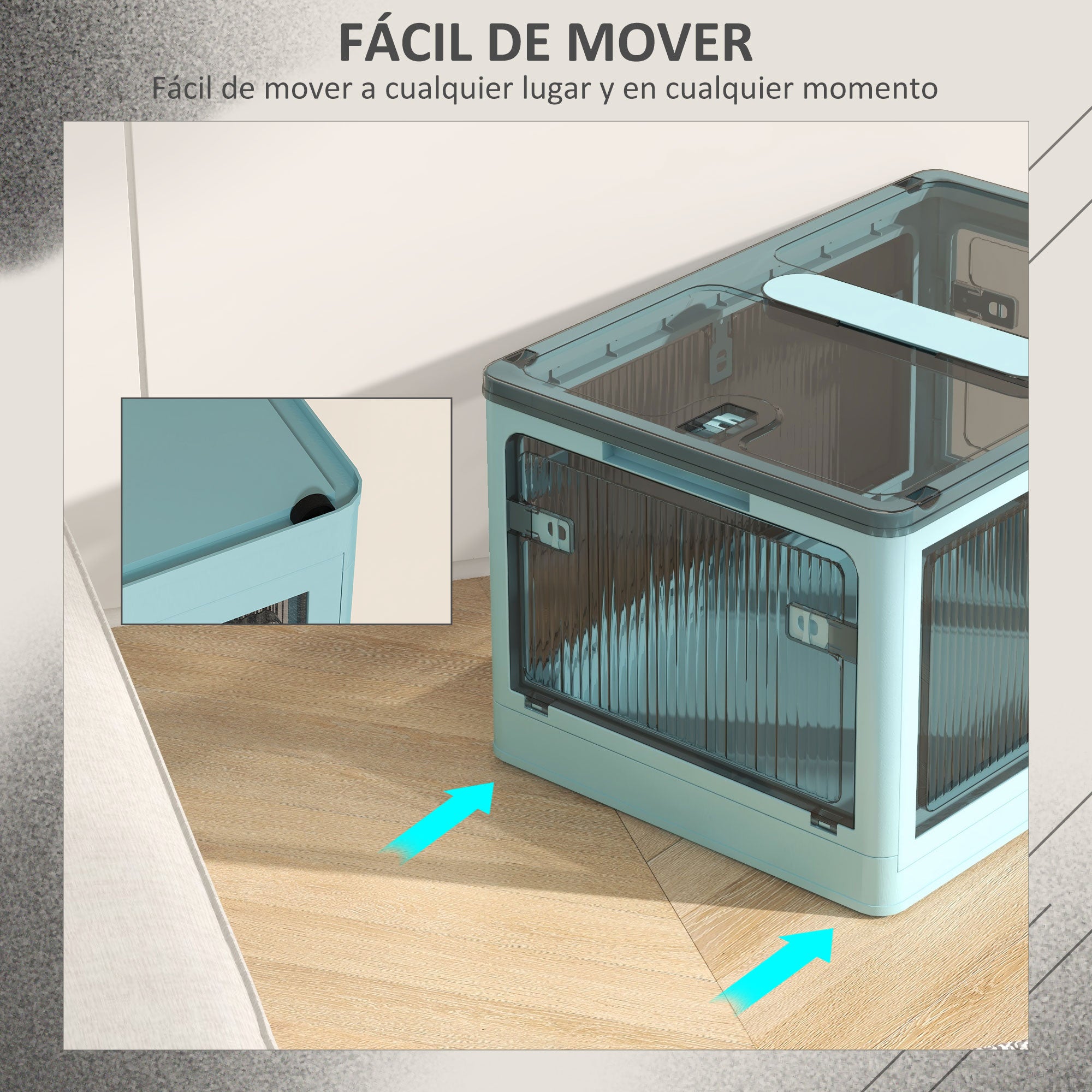 Stackable Storage Box with Lid 69L Folding Organizer Box with Wheels Plastic Container with 5-Sided Access 60x42x34 cm Blue