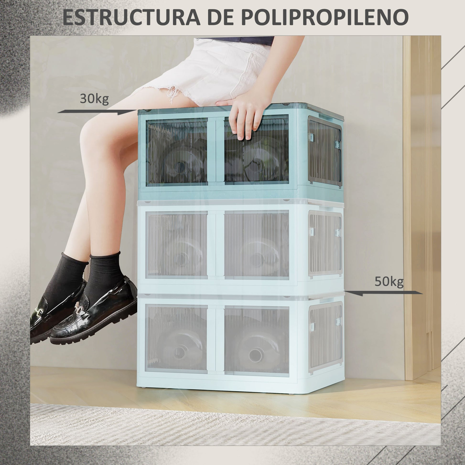 Stackable Storage Box with Lid 69L Folding Organizer Box with Wheels Plastic Container with 5-Sided Access 60x42x34 cm Blue
