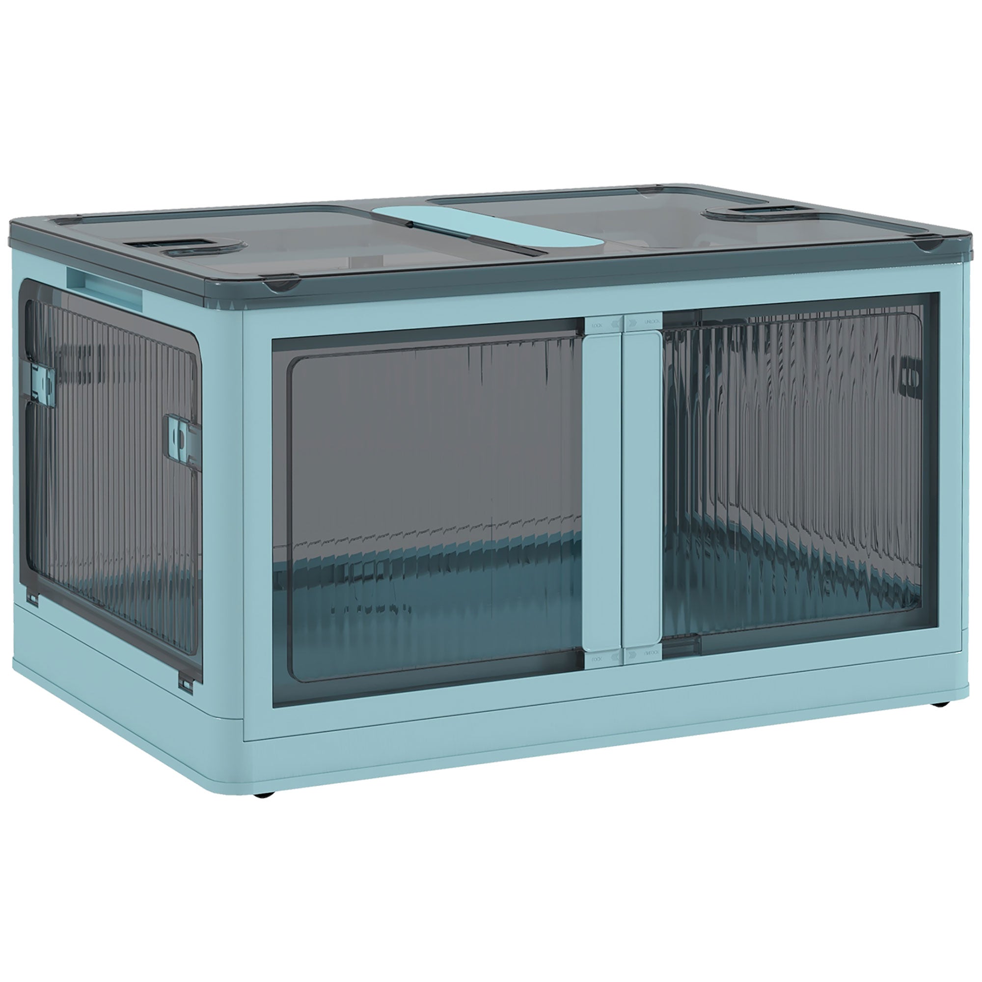 Stackable Storage Box with Lid 69L Folding Organizer Box with Wheels Plastic Container with 5-Sided Access 60x42x34 cm Blue