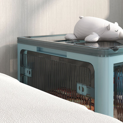 Stackable Storage Box with Lid 69L Folding Organizer Box with Wheels Plastic Container with 5-Sided Access 60x42x34 cm Blue