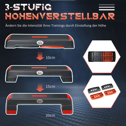 Aerobic Stepper Step Board adjustable height Fitness Home Trainer with 3 Levels (10/15/20 cm) Indoor Outdoor Capacity up to 150 kg 78 x 28 x 10-20 cm Red