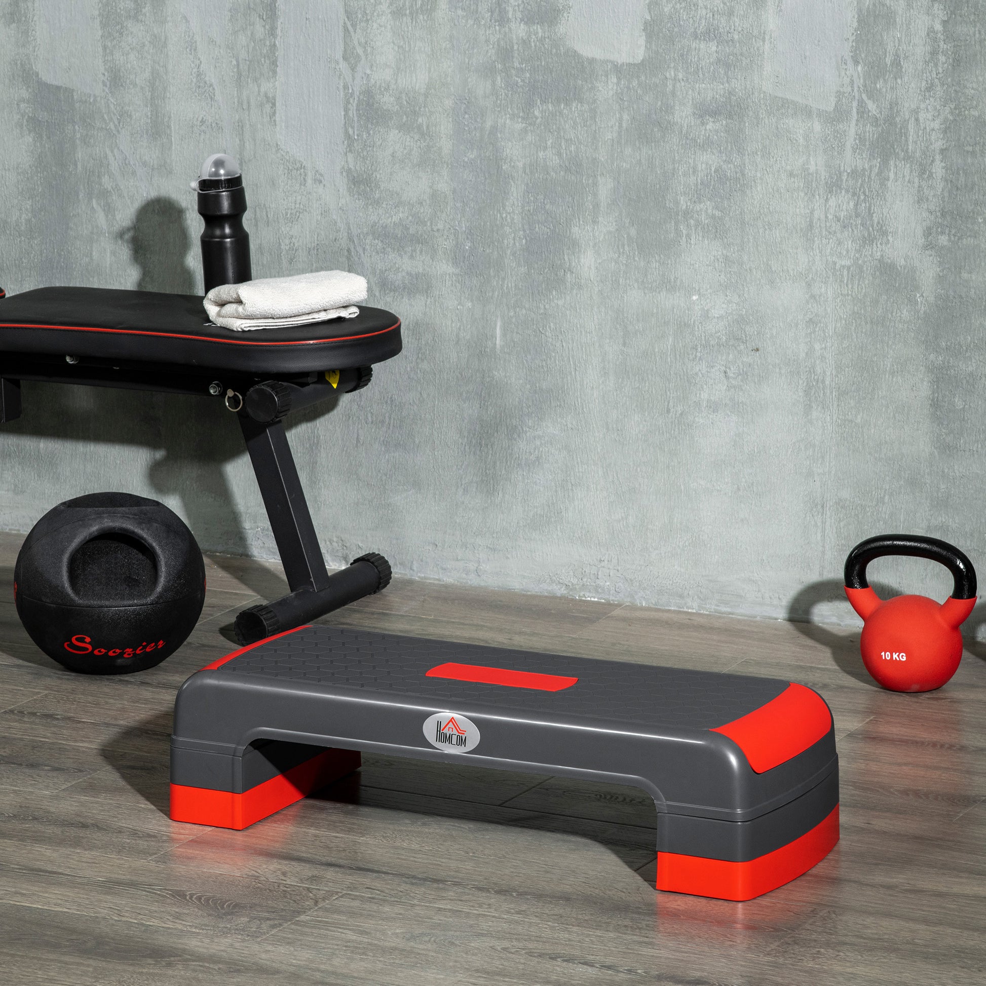 Aerobic Stepper Step Board adjustable height Fitness Home Trainer with 3 Levels (10/15/20 cm) Indoor Outdoor Capacity up to 150 kg 78 x 28 x 10-20 cm Red