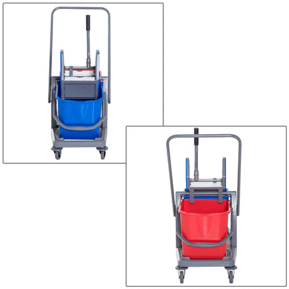 Cleaning Trolley Cleaning Cart Mop Cart with 2 Buckets System Cart with 4 Smooth-Rolling Wheels Metal+PP Blue+Red 73 × 45 × 92 cm