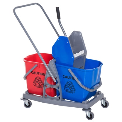 Cleaning Trolley Cleaning Cart Mop Cart with 2 Buckets System Cart with 4 Smooth-Rolling Wheels Metal+PP Blue+Red 73 × 45 × 92 cm