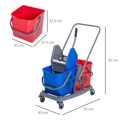 Cleaning Trolley Cleaning Cart Mop Cart with 2 Buckets System Cart with 4 Smooth-Rolling Wheels Metal+PP Blue+Red 73 × 45 × 92 cm