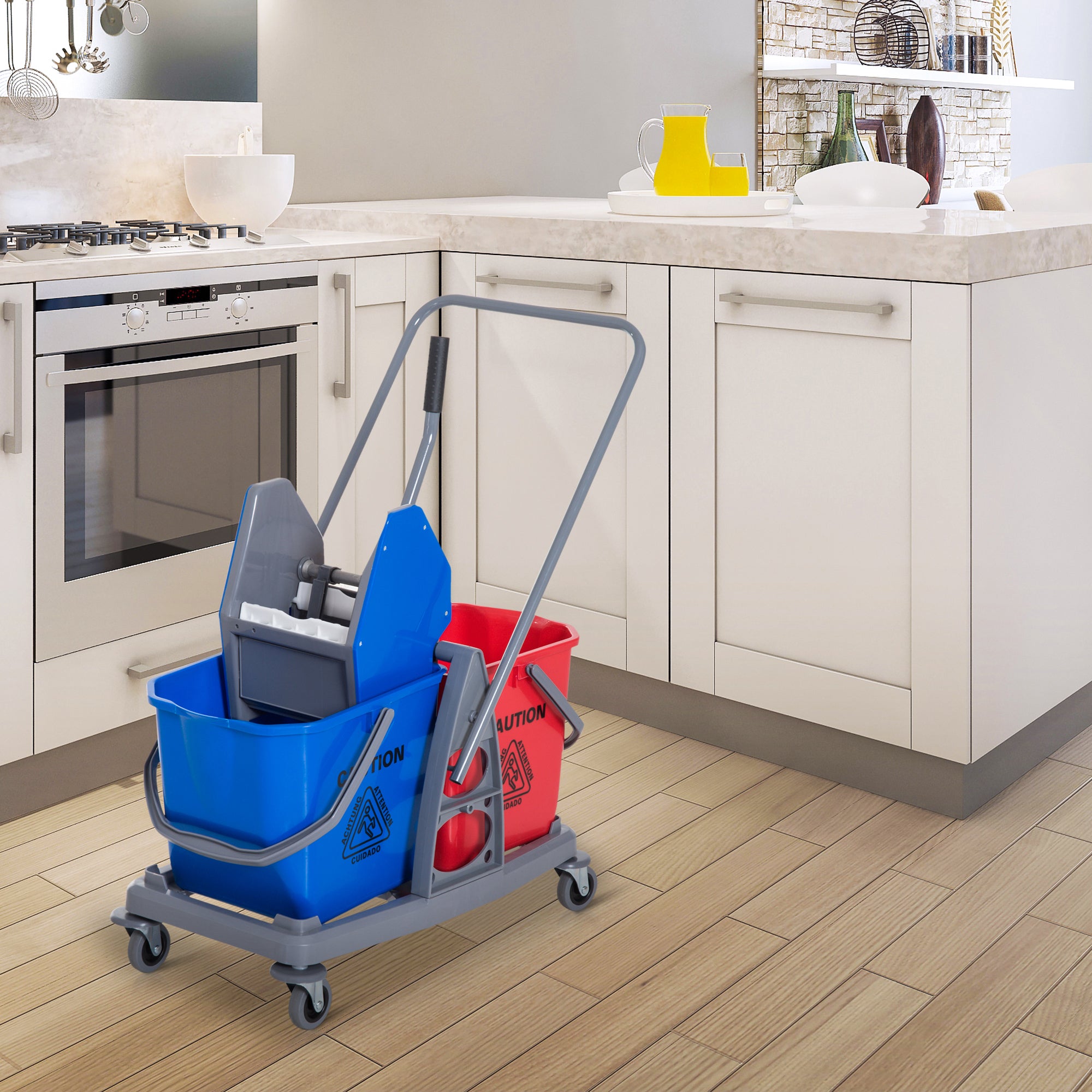 Cleaning Trolley Cleaning Cart Mop Cart with 2 Buckets System Cart with 4 Smooth-Rolling Wheels Metal+PP Blue+Red 73 × 45 × 92 cm
