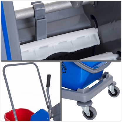 Cleaning Trolley Cleaning Cart Mop Cart with 2 Buckets System Cart with 4 Smooth-Rolling Wheels Metal+PP Blue+Red 73 × 45 × 92 cm