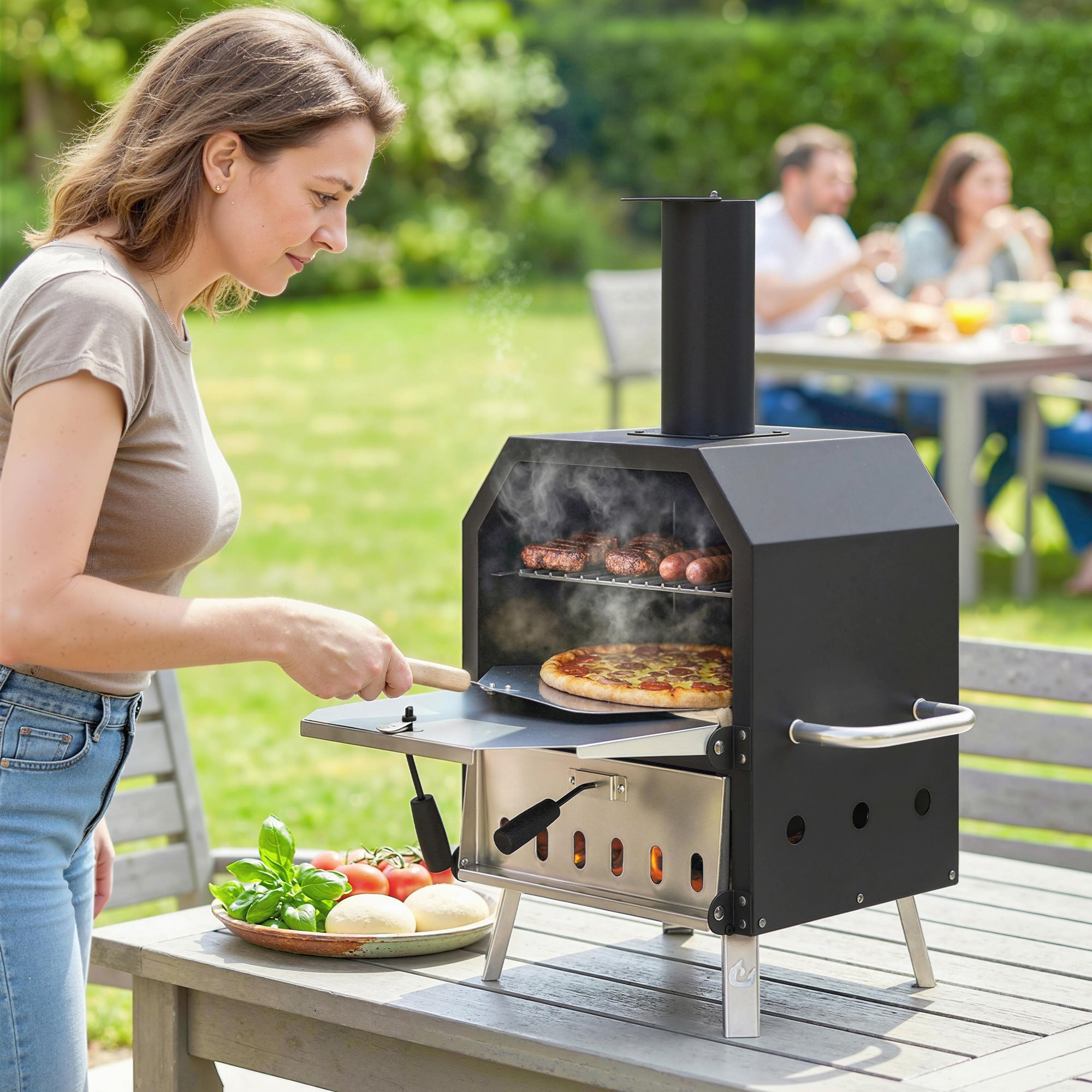 Outdoor Wood-Fired Pizza Oven, Stainless Steel, 2-Tier with 1 cm Thick Pizza Stone, Folding Legs & Pizza Peel – Portable for Camping, Garden, Parties
