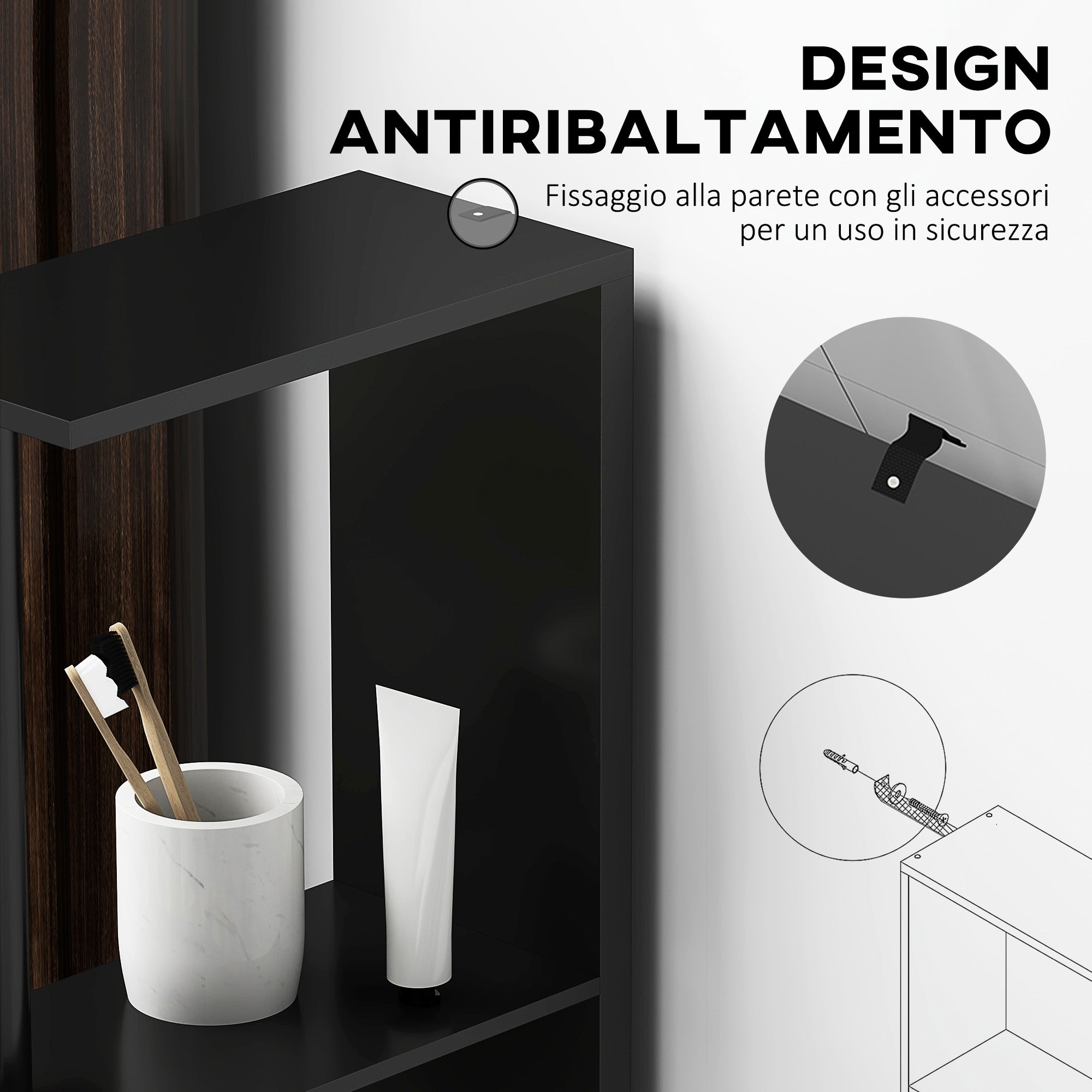 Bathroom Column with 2 Shelves and 2 Cabinets, Tall Bathroom Space Saver in MDF, 15.2x29.8x118cm, Black