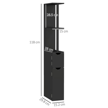 Bathroom Column with 2 Shelves and 2 Cabinets, Tall Bathroom Space Saver in MDF, 15.2x29.8x118cm, Black