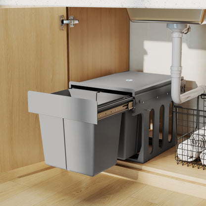 Under-Sink Pull-Out Trash Bin, 3 Removable Recycling Bins (15L + 8L + 8L), Bottom-Mount, Light Gray