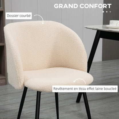 Set of 2 dining chairs kitchen chairs in loop wool effect fabric living room chairs with black steel legs - 55 x 62 x 80 cm beige black