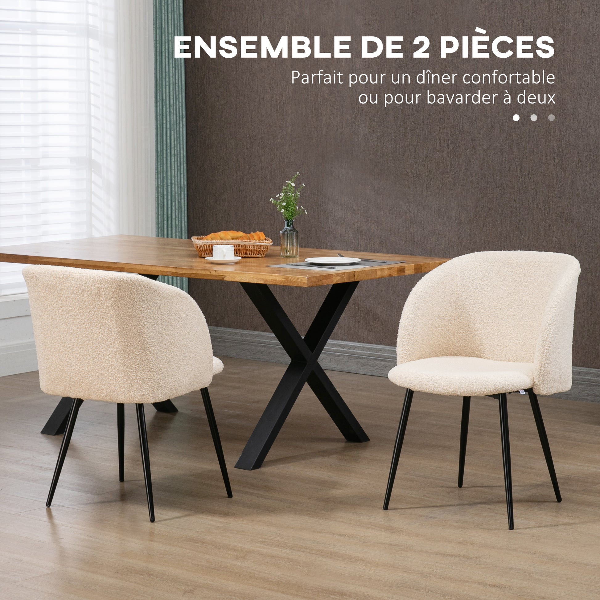 Set of 2 dining chairs kitchen chairs in loop wool effect fabric living room chairs with black steel legs - 55 x 62 x 80 cm beige black
