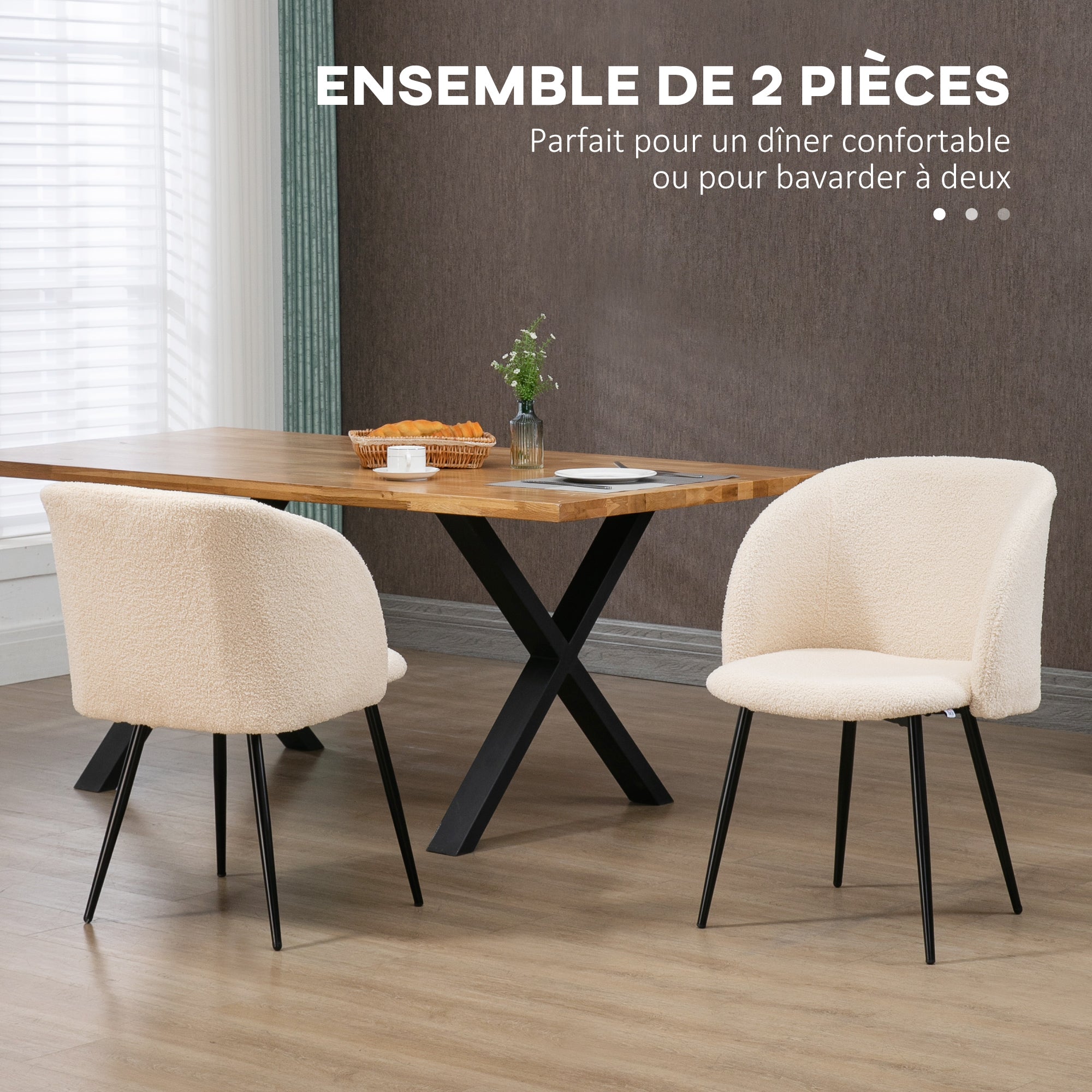 Set of 2 dining chairs kitchen chairs in loop wool effect fabric living room chairs with black steel legs - 55 x 62 x 80 cm beige black