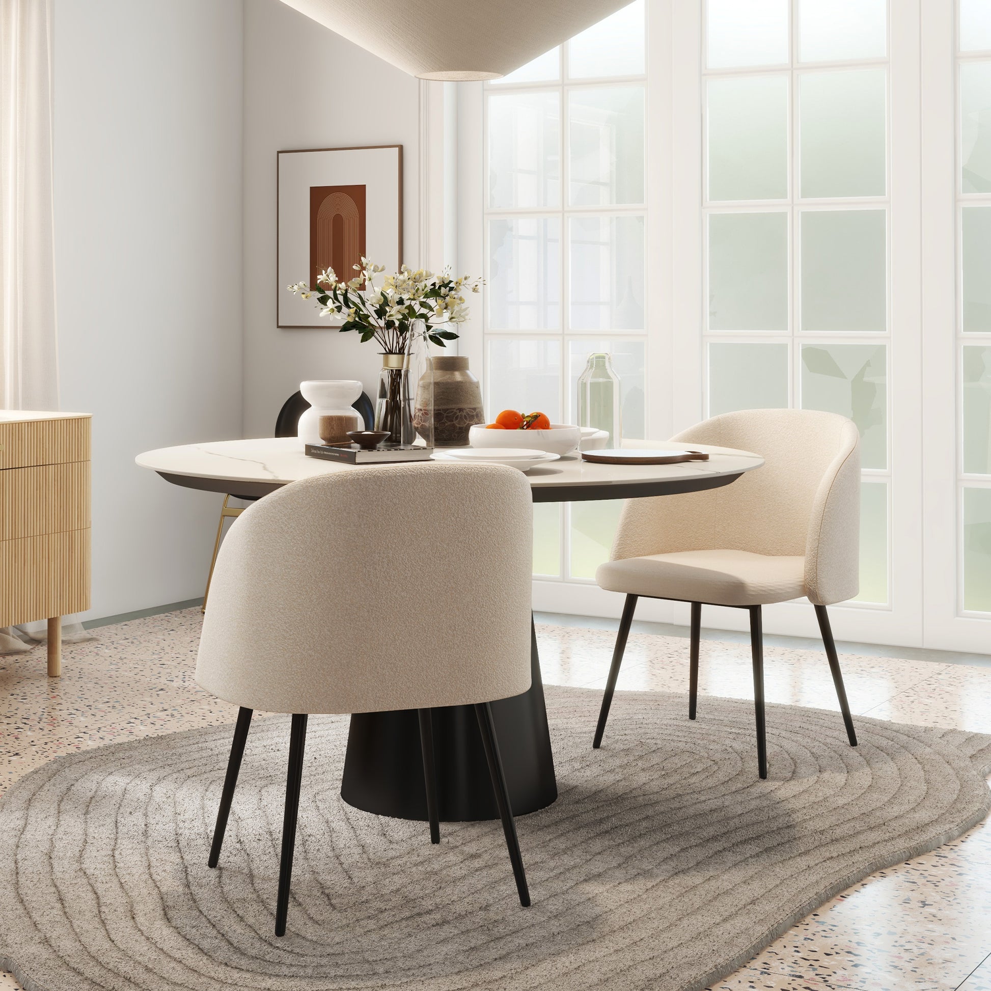Set of 2 dining chairs kitchen chairs in loop wool effect fabric living room chairs with black steel legs - 55 x 62 x 80 cm beige black