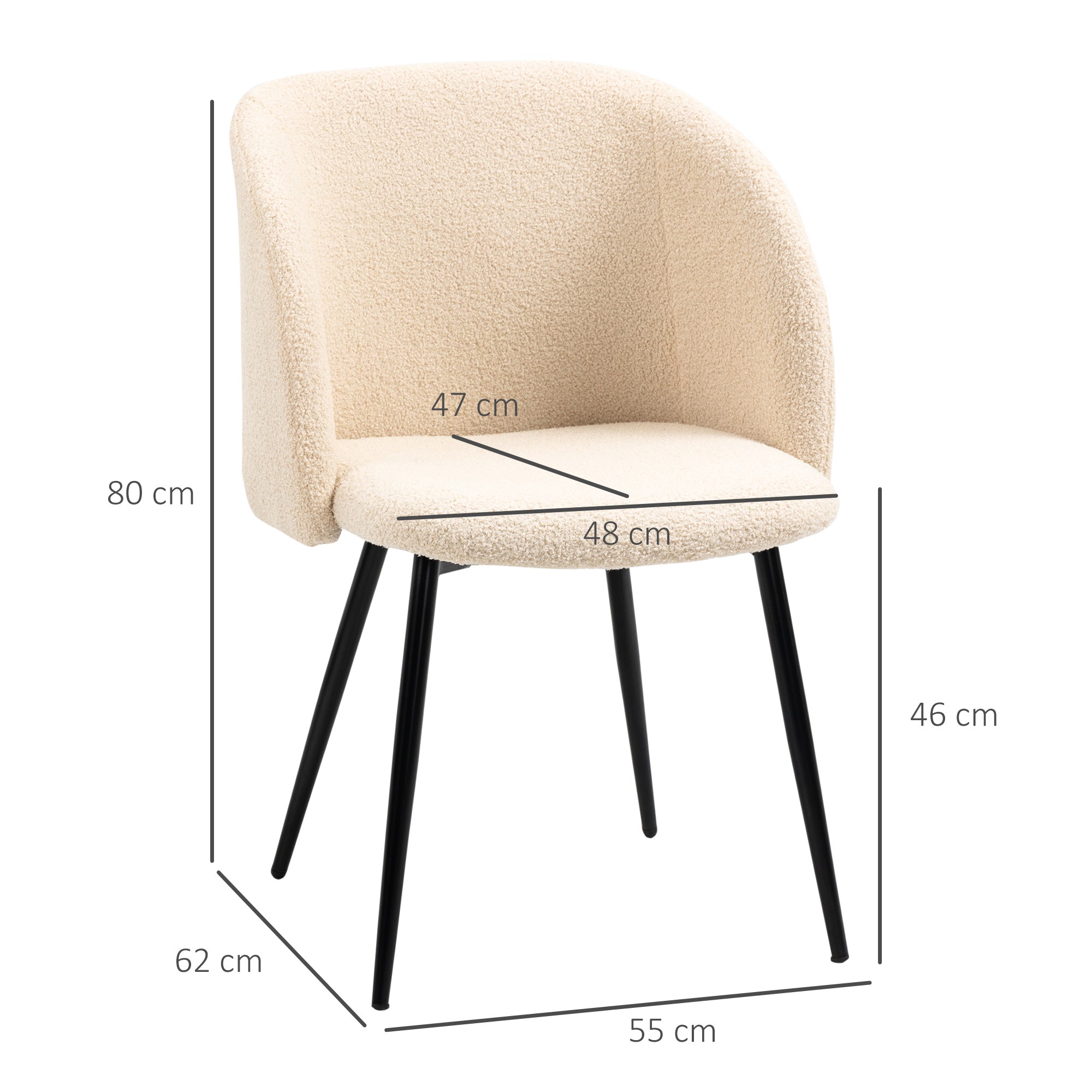 Set of 2 dining chairs kitchen chairs in loop wool effect fabric living room chairs with black steel legs - 55 x 62 x 80 cm beige black