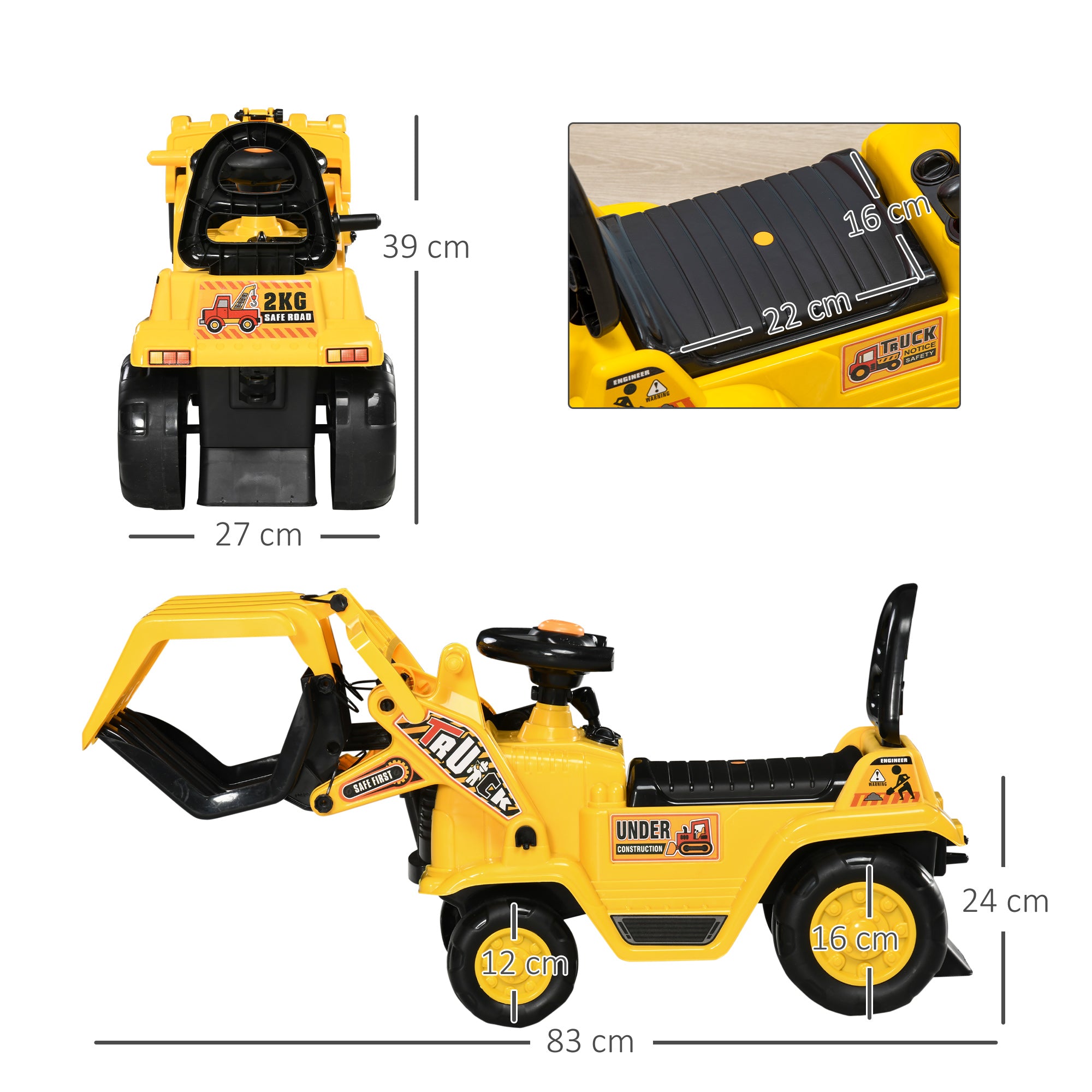 Sit-On Digger with Rotatable Adjustable Shovel, Horn Kids Can Sit On with Storage Space under Seat Ride-On Toy Digger up to 30 kg, Sand Digger for Kids 2-4 Years Yellow